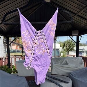 San Lorenzo Purple Floral One-Piece Swimsuit with Orange Accents